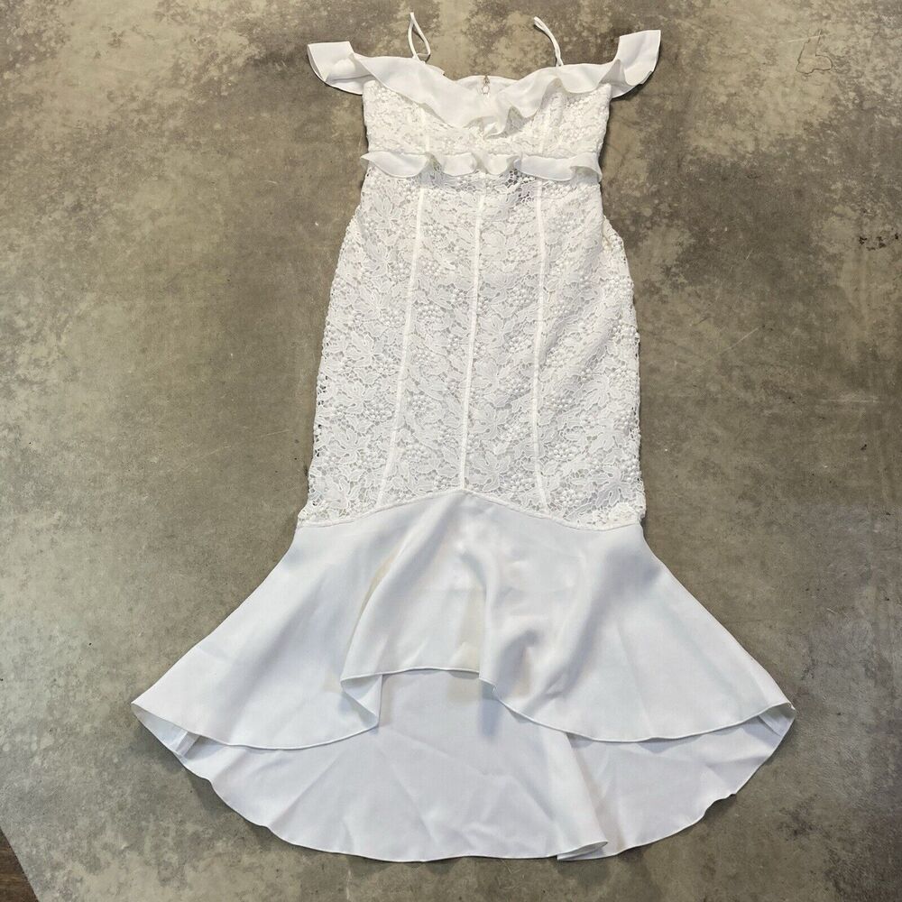 Rachel Zoe Dress Womens 6 Ivory Chloe Mermaid Cold Shoulder Lace Midi